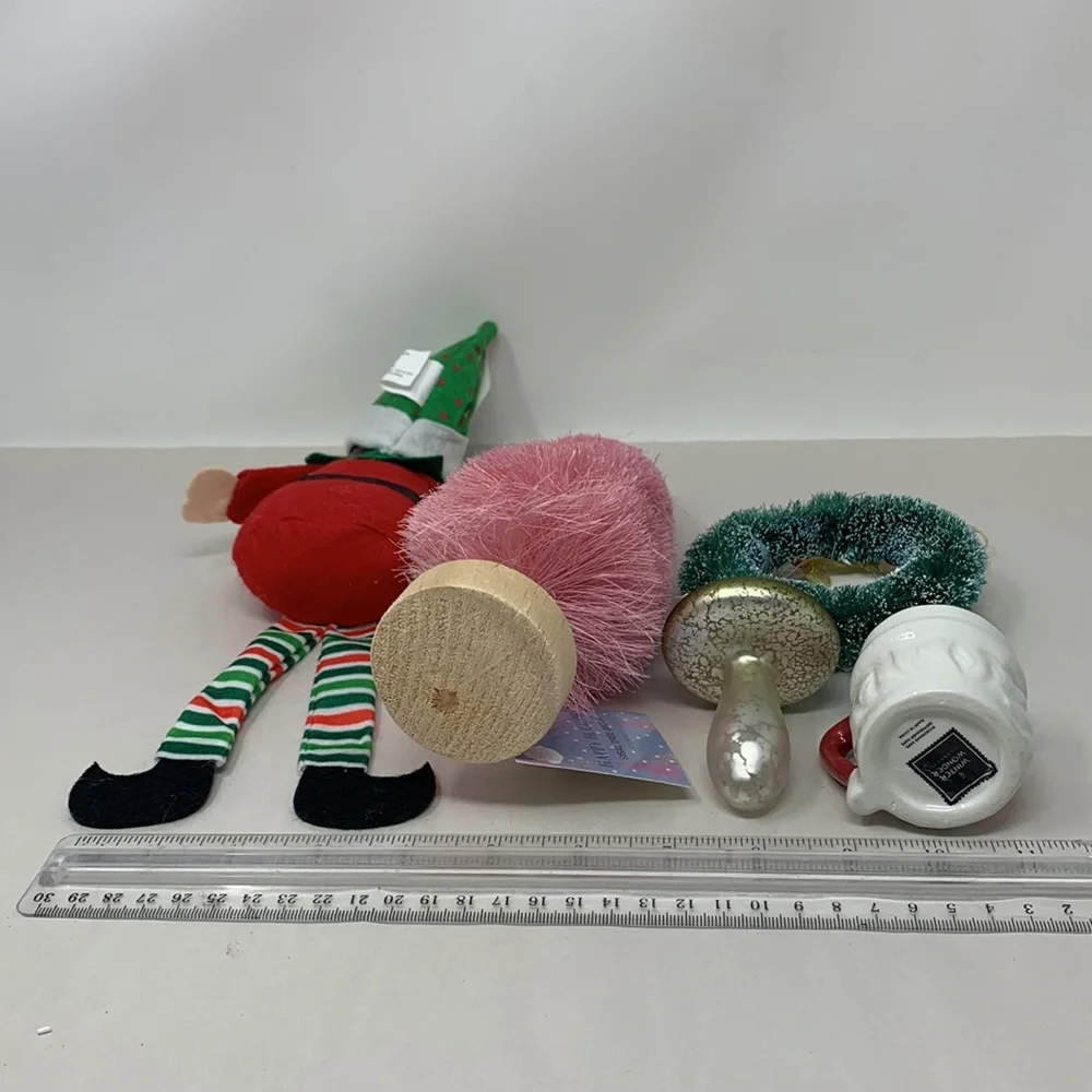 5 pc Christmas decor ornament lot Tree Wreath Elf Santa cup glass mushroom NEW - Picture 14 of 17